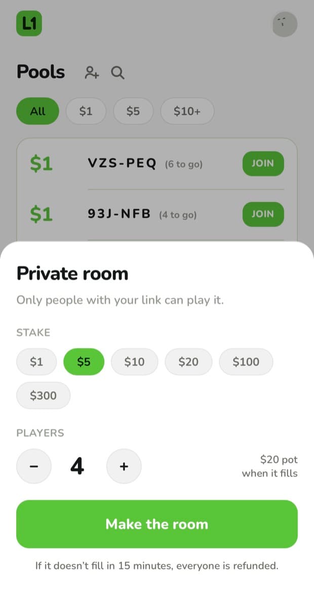 Making a private room: pick a stake, pick how many seats