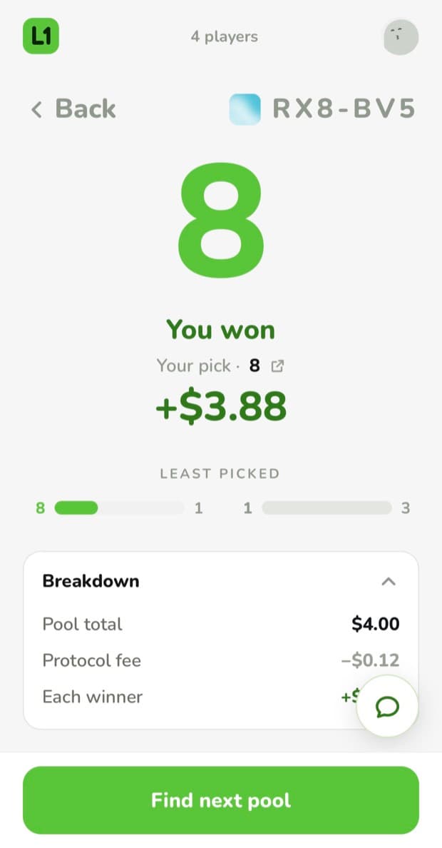 A settled round: number 8 was the least picked, and it paid $3.88